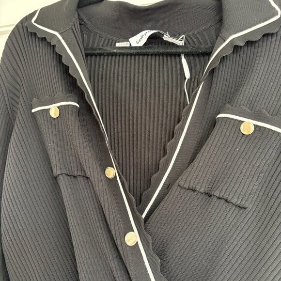 Self-Portrait Wrap Mini Dress Black Contrast Piping Ribbed Knit Chest Pockets - Picture 4 of 11